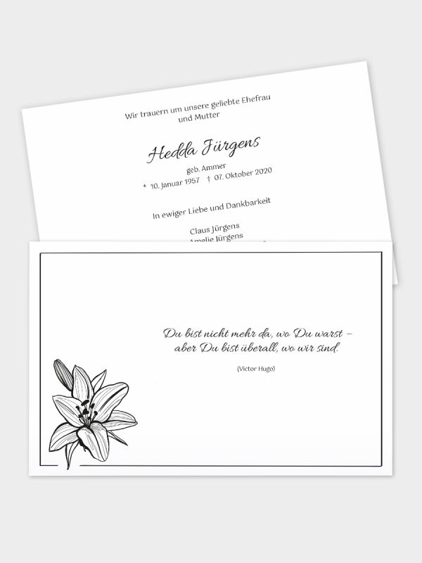 2-seitige Trauerkarte im klassischen Querformat (178 x 115 mm) | Motiv Lilie | TKK_2Q_005