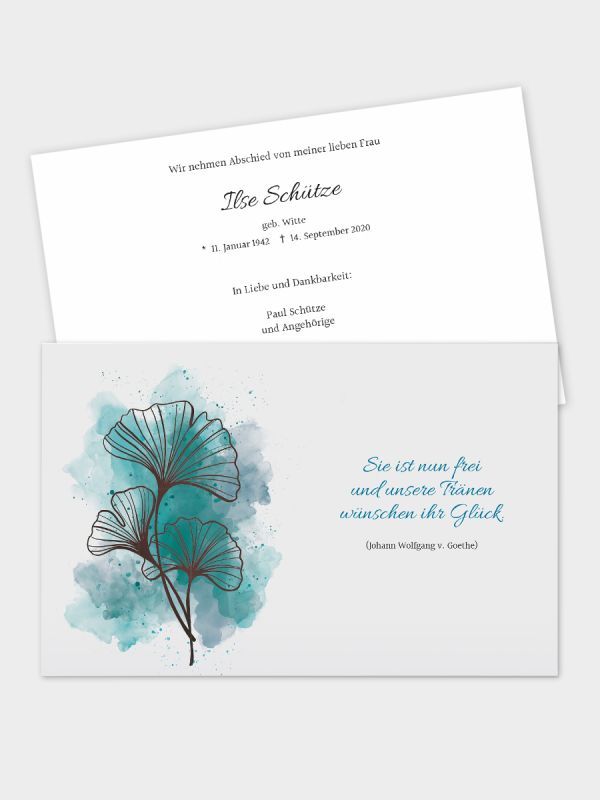 2-seitige Trauerkarte im klassischen Querformat (178 x 115 mm) | Motiv Ginkgo Aquarell | TKK_2Q_017