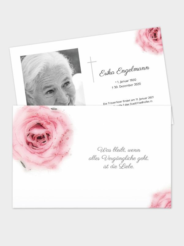2-seitige Trauerkarte im klassischen Querformat (178 x 115 mm) | Motiv Rose Aquarell | TKK_2Q_015