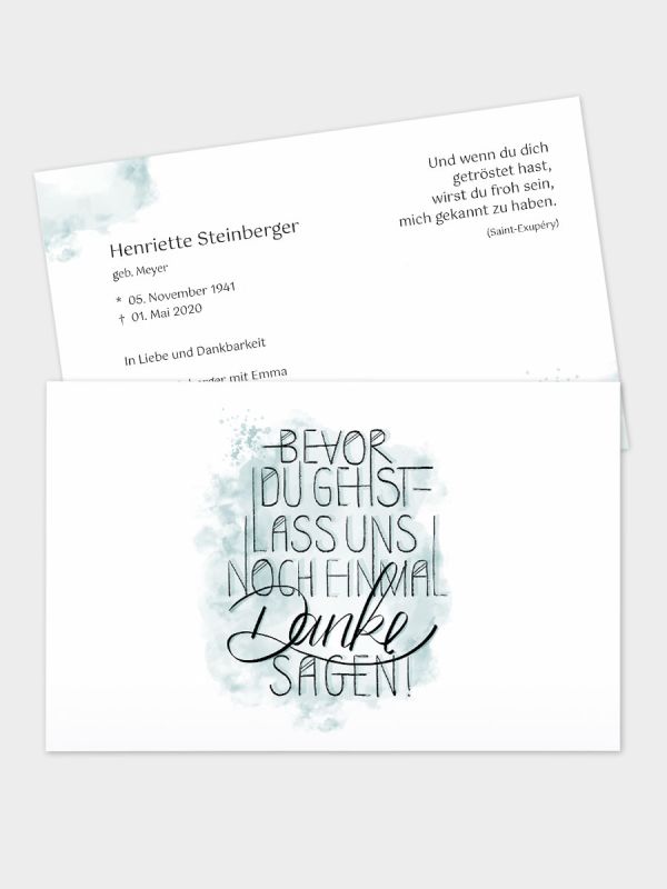 2-seitige Trauerkarte im klassischen Querformat (178 x 115 mm) | Motiv Bevor du gehst (Handlettering) | TKK_2Q_039