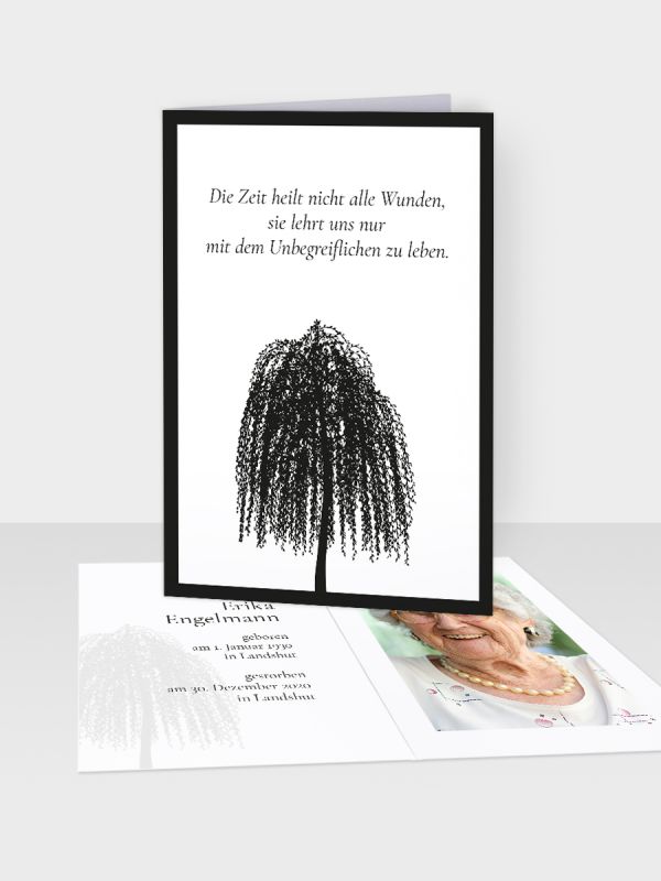 Erinnerungsbild - Kleinere Klappkarte mit Trauerbild/Sterbebildchen (74 x 105 mm) | Motiv Trauerweide | EB_020