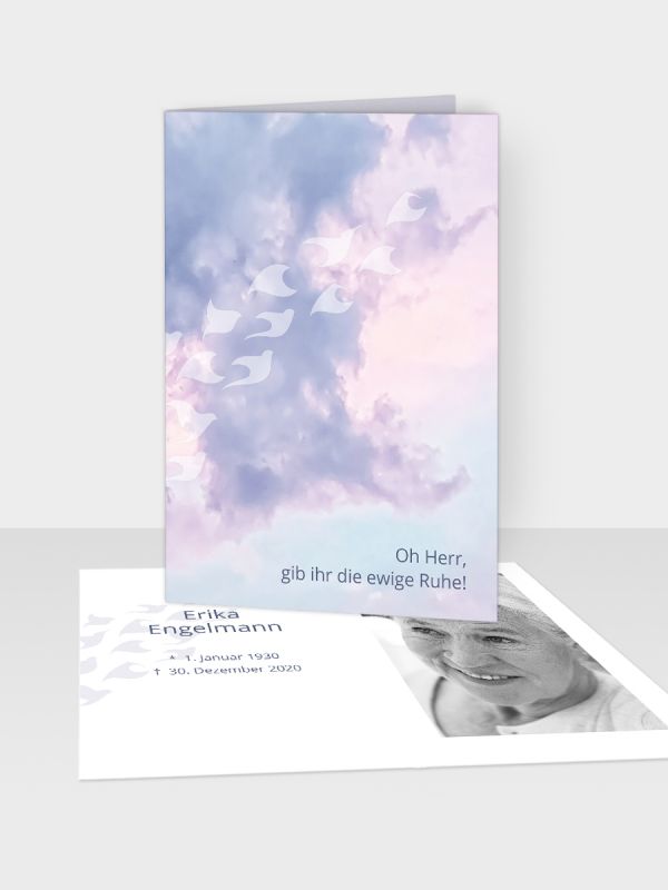 Erinnerungsbild - Kleinere Klappkarte mit Trauerbild/Sterbebildchen (74 x 105 mm) | Motiv Himmel mit Vogelfries | EB_024