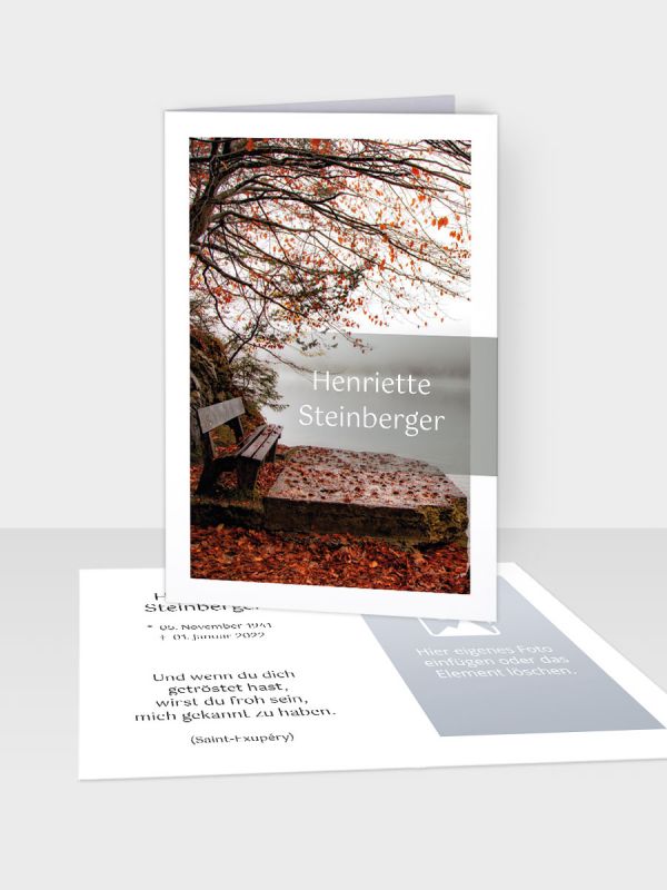Erinnerungsbild - Kleinere Klappkarte mit Trauerbild/Sterbebildchen (74 x 105 mm) | Motiv Bank im Herbst | EB_067