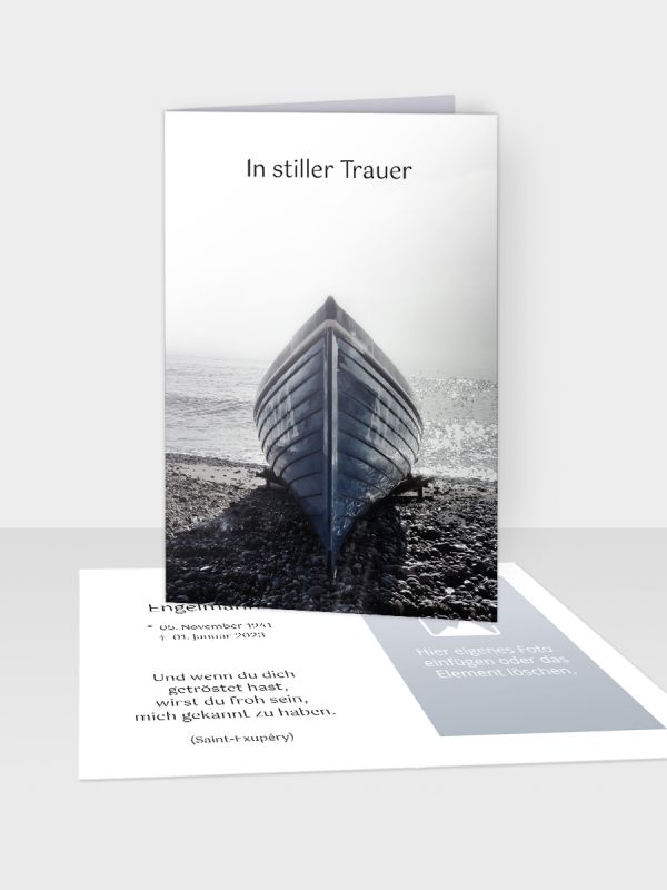 Erinnerungsbild - Kleinere Klappkarte mit Trauerbild/Sterbebildchen (74 x 105 mm) | Motiv Boot am Strand | EB_073