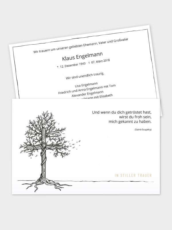 2-seitige Trauerkarte im klassischen Querformat  (178 x 115 mm) | Motiv Baum-Kreuz | TKK_2Q_002
