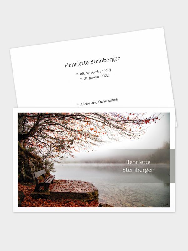 2-seitige Trauerkarte im klassischen Querformat (178 x 115 mm) | Motiv Bank im Herbst | TKK_2Q_067