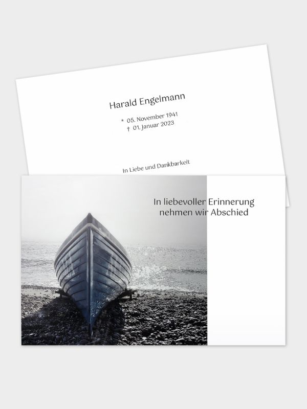 2-seitige Trauerkarte im klassischen Querformat (178 x 115 mm) | Motiv Boot am Strand | TKK_2Q_073