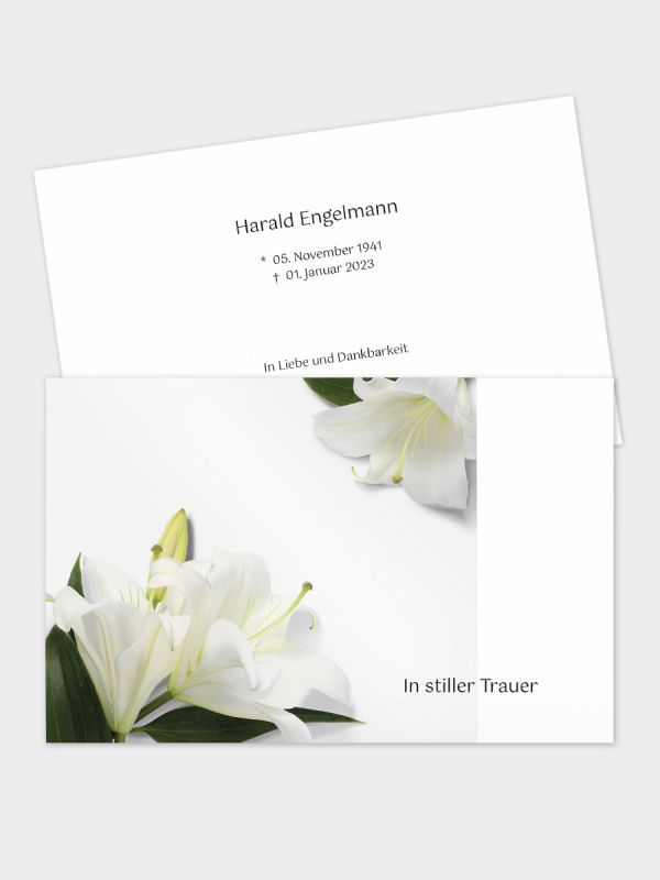 2-seitige Trauerkarte im klassischen Querformat (178 x 115 mm) | Motiv Weiße Lilien | TKK_2Q_083